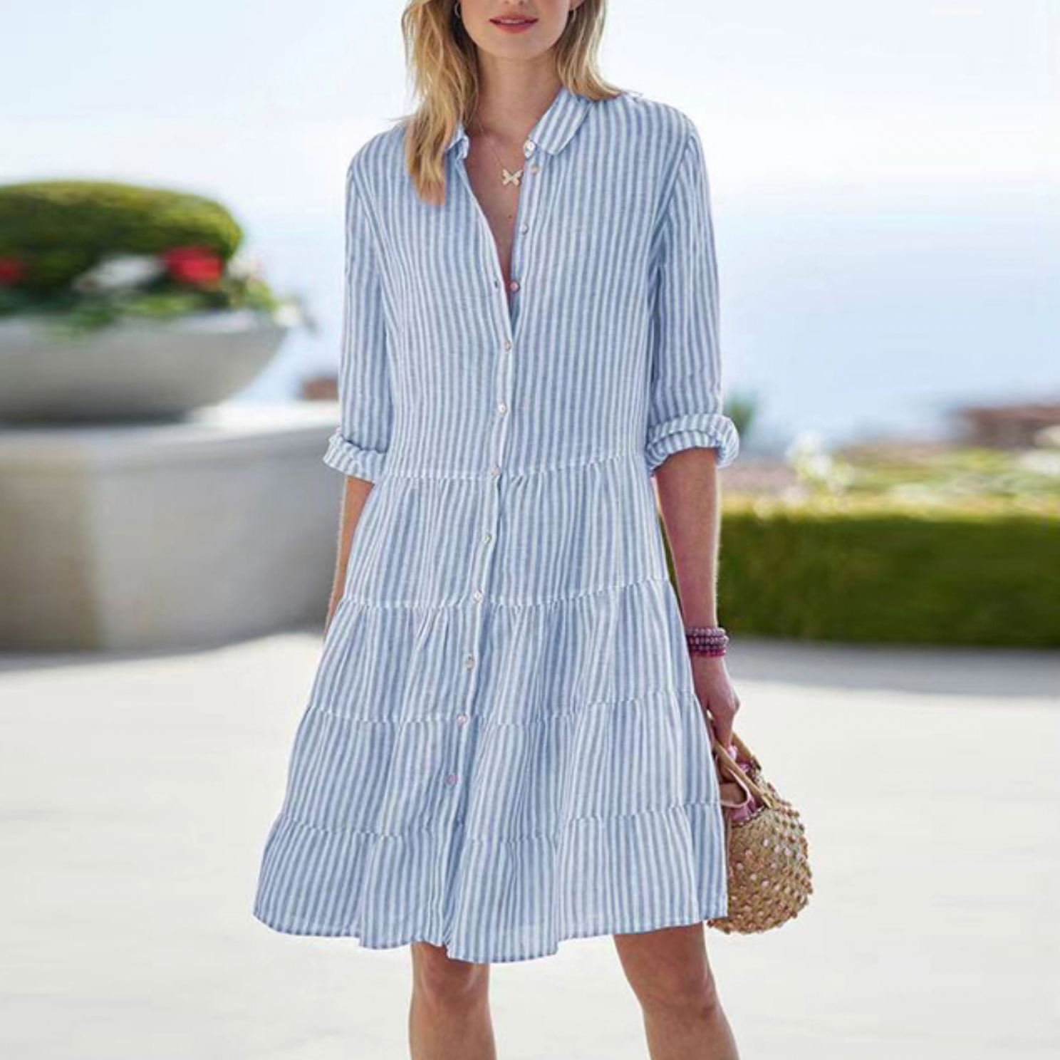 Sandra - Elegant striped midi dress with buttons down the front