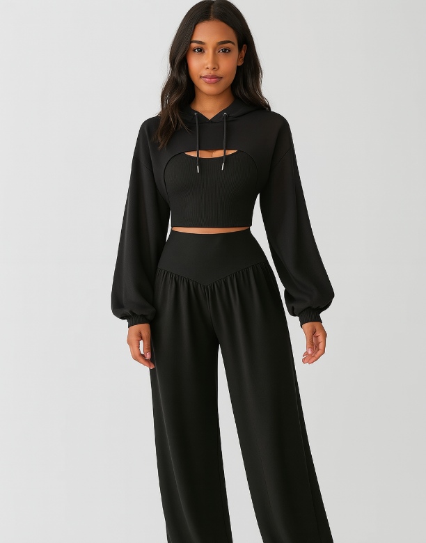 レディース3点セット - パーカー、ノット付きタンクトップ、ハイ