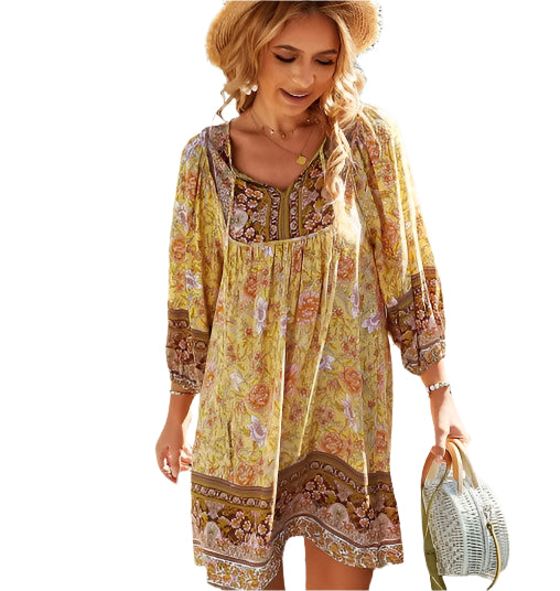 Nadia - Floral Print Short Sleeve Bohemian Dress