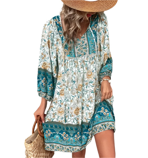 Nadia - Floral Print Short Sleeve Bohemian Dress