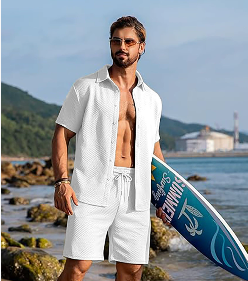 メンズ 2ピース ジャカードニット セット - 半袖シャツと無地ショートパンツ、プレミアムカジュアル