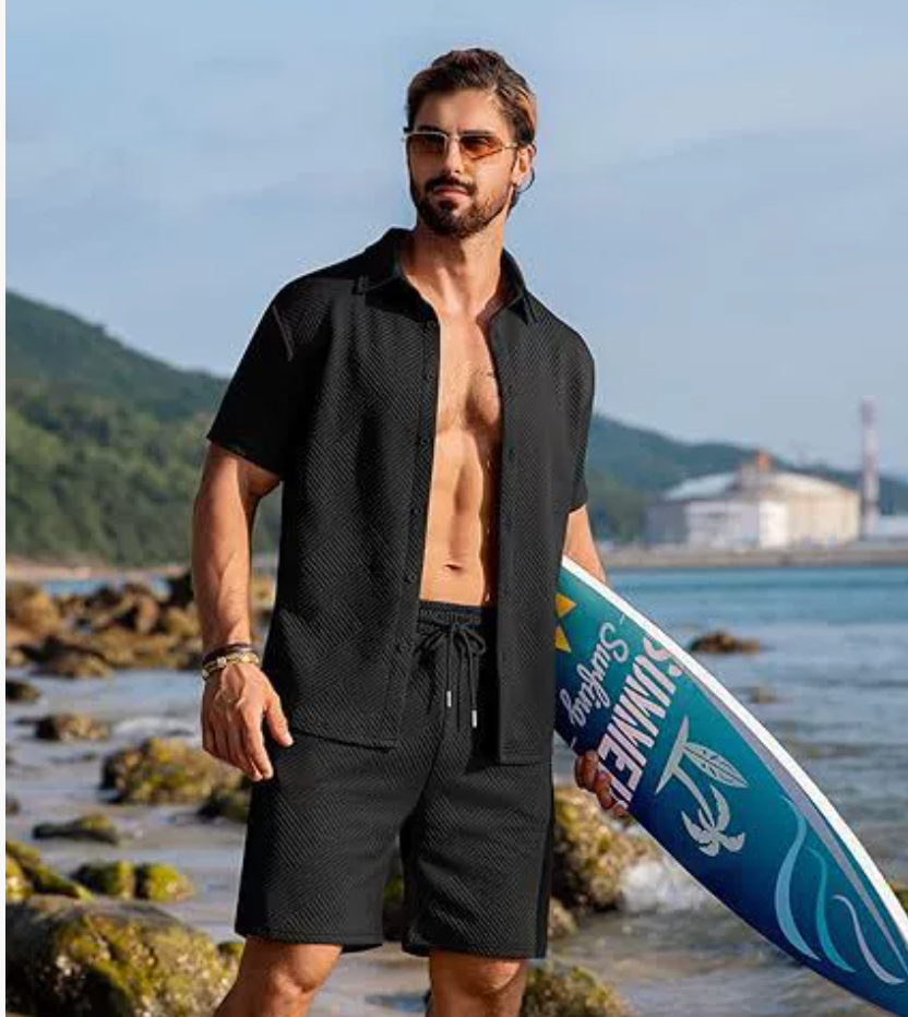 メンズ 2ピース ジャカードニット セット - 半袖シャツと無地ショートパンツ、プレミアムカジュアル