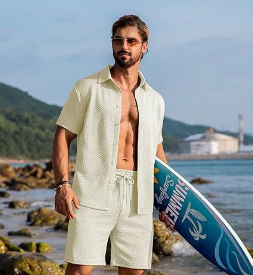 Men's 2-Piece Jacquard Knit Set - Short Sleeve Shirt and Solid Shorts, Premium Casual