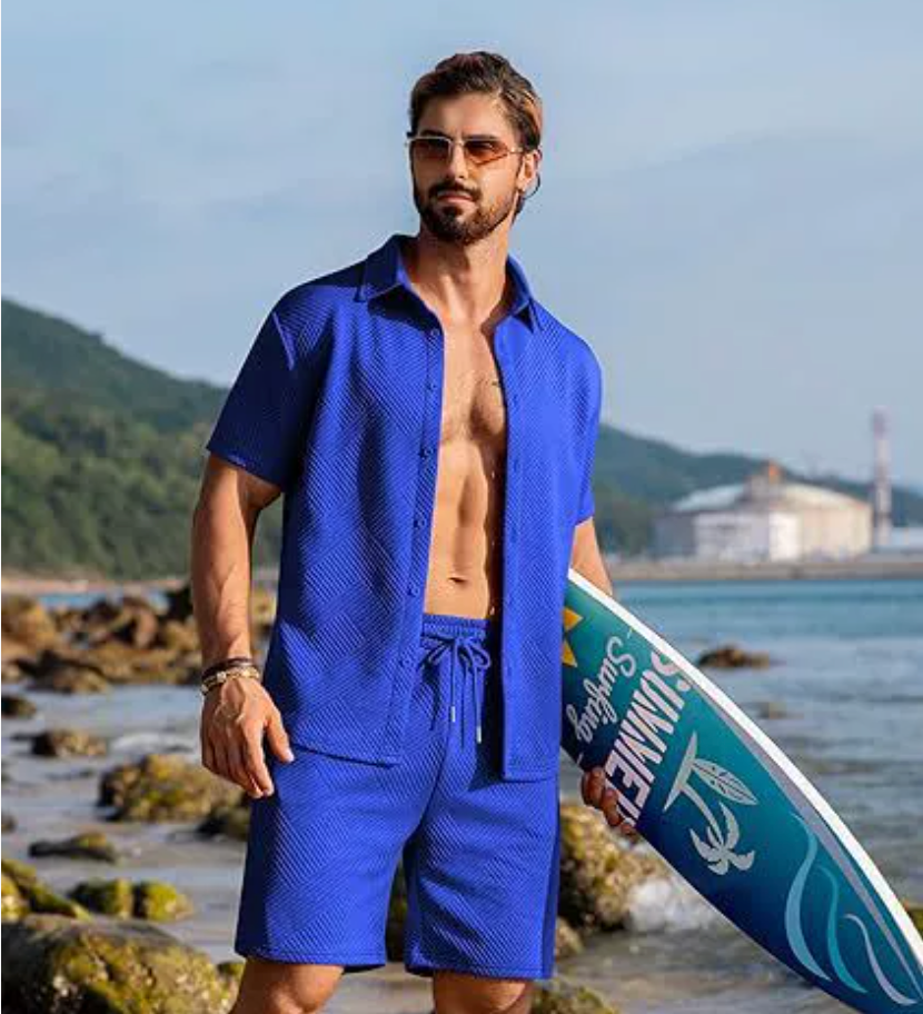 メンズ 2ピース ジャカードニット セット - 半袖シャツと無地ショートパンツ、プレミアムカジュアル