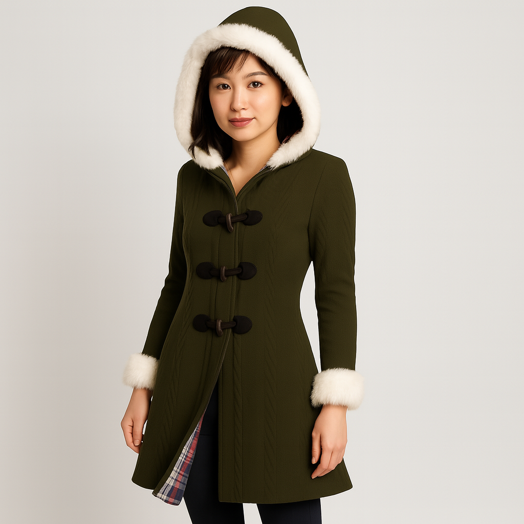 Serena | Women's hooded coat featuring checkered patchwork and horn buttons