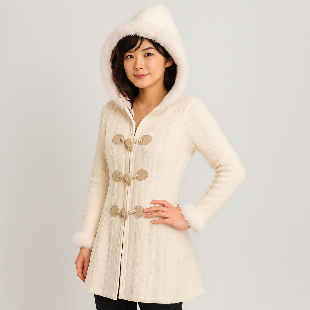 Serena | Women's hooded coat featuring checkered patchwork and horn buttons
