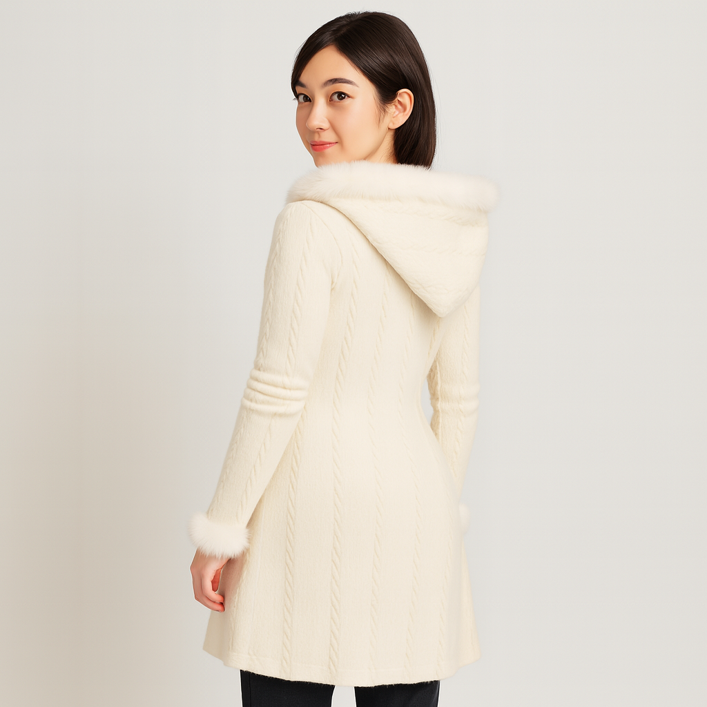 Serena | Women's hooded coat featuring checkered patchwork and horn buttons