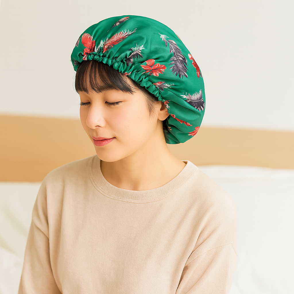 Silverux | Reversible Silky Cap with Green Feathers for Hair Protection and Shine
