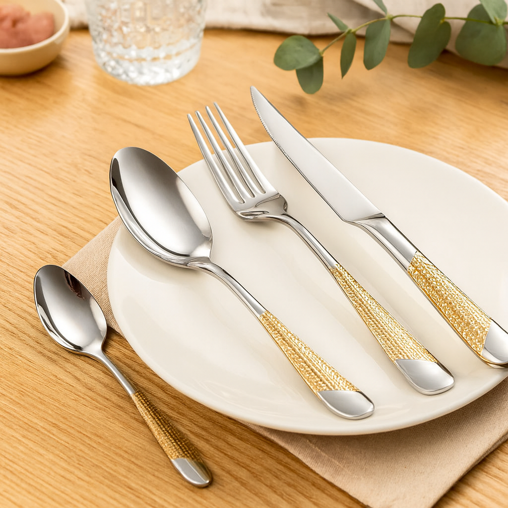 Silver Ora | Stainless Steel Cutlery Set with Hammered Handles