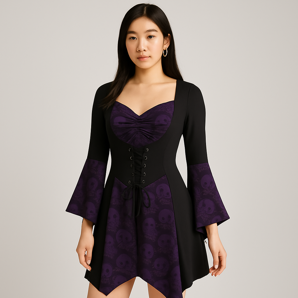 Skull Lace Gothic Blouse - Women's blouse with skull print and lace-up waist