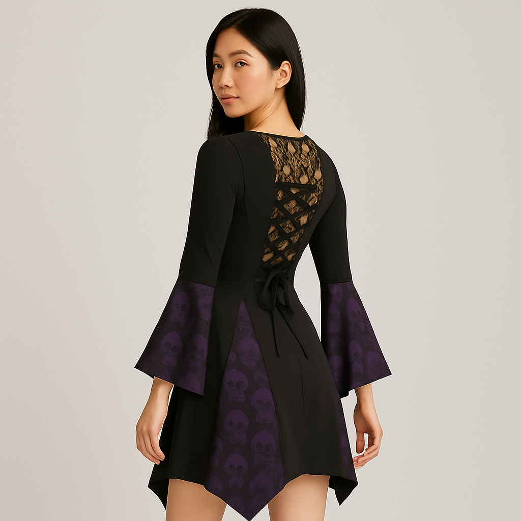 Skull Lace Gothic Blouse - Women's blouse with skull print and lace-up waist