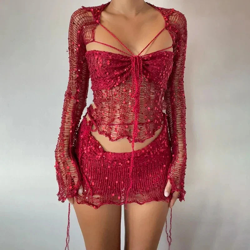 Frederike - 2-piece long sleeve sequin knit top and cutout bodycon skirt