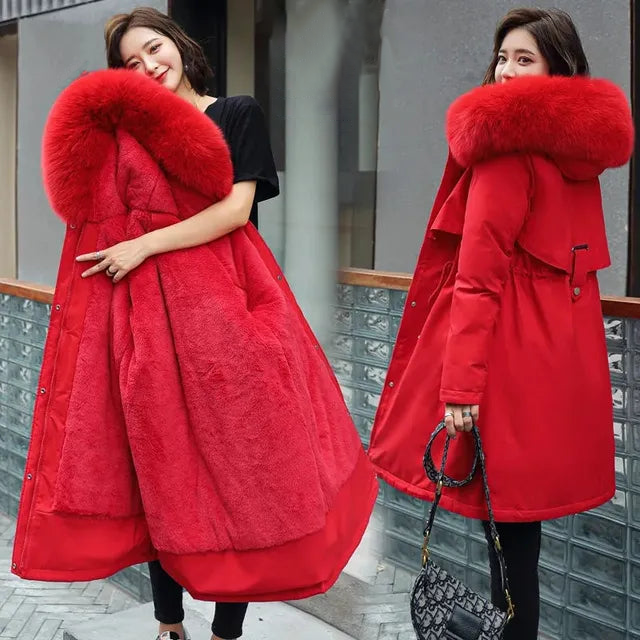 Long wool coat with hood and fur collar