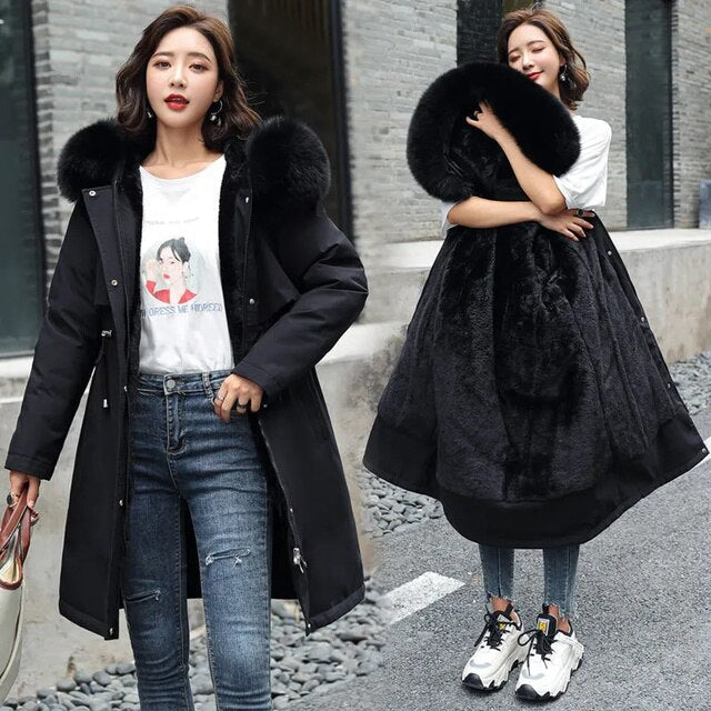 Long wool coat with hood and fur collar