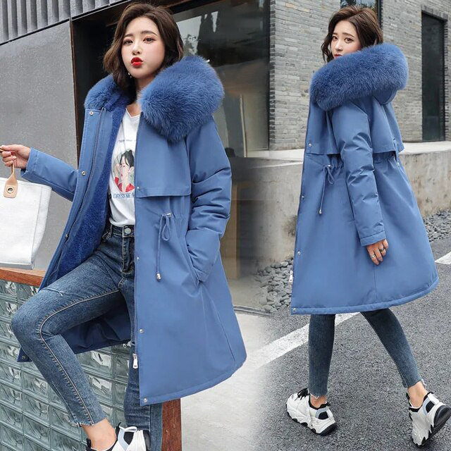 Long wool coat with hood and fur collar