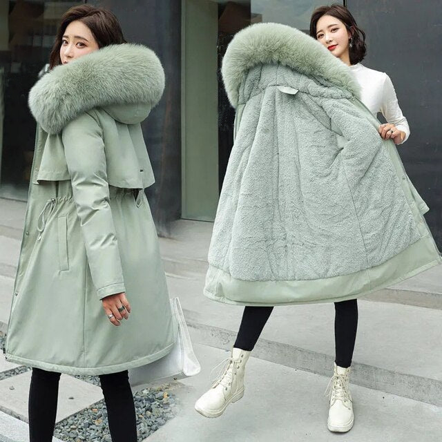 Long wool coat with hood and fur collar
