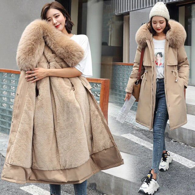Long wool coat with hood and fur collar