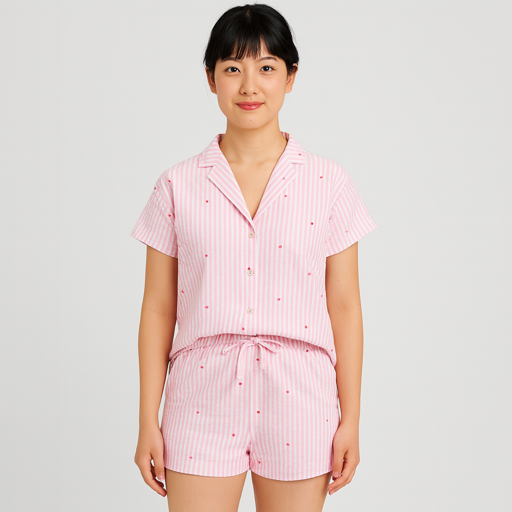 Women's 2-Piece Pajama Set - Button-Up Shirt and Elastic Waist Shorts