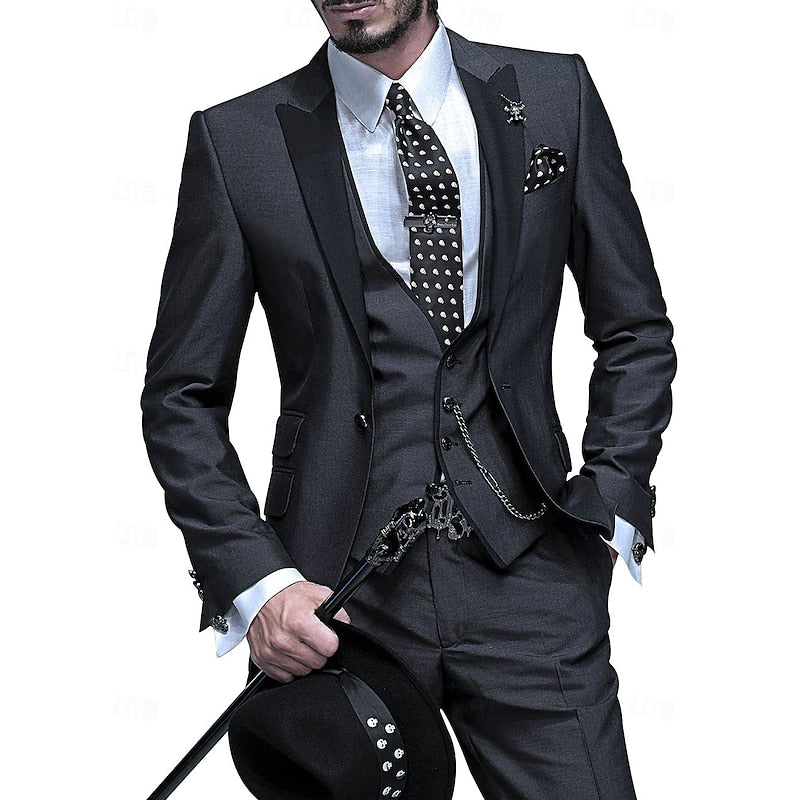 Men's 3-piece linen business suit: blazer, waistcoat, and pants