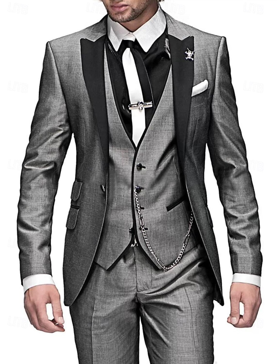 Men's 3-piece linen business suit: blazer, waistcoat, and pants