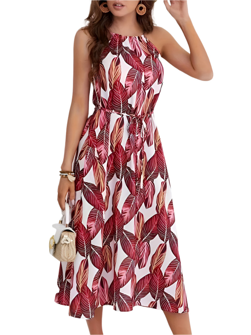 Esther - Leaf Print Halter Beach Dress