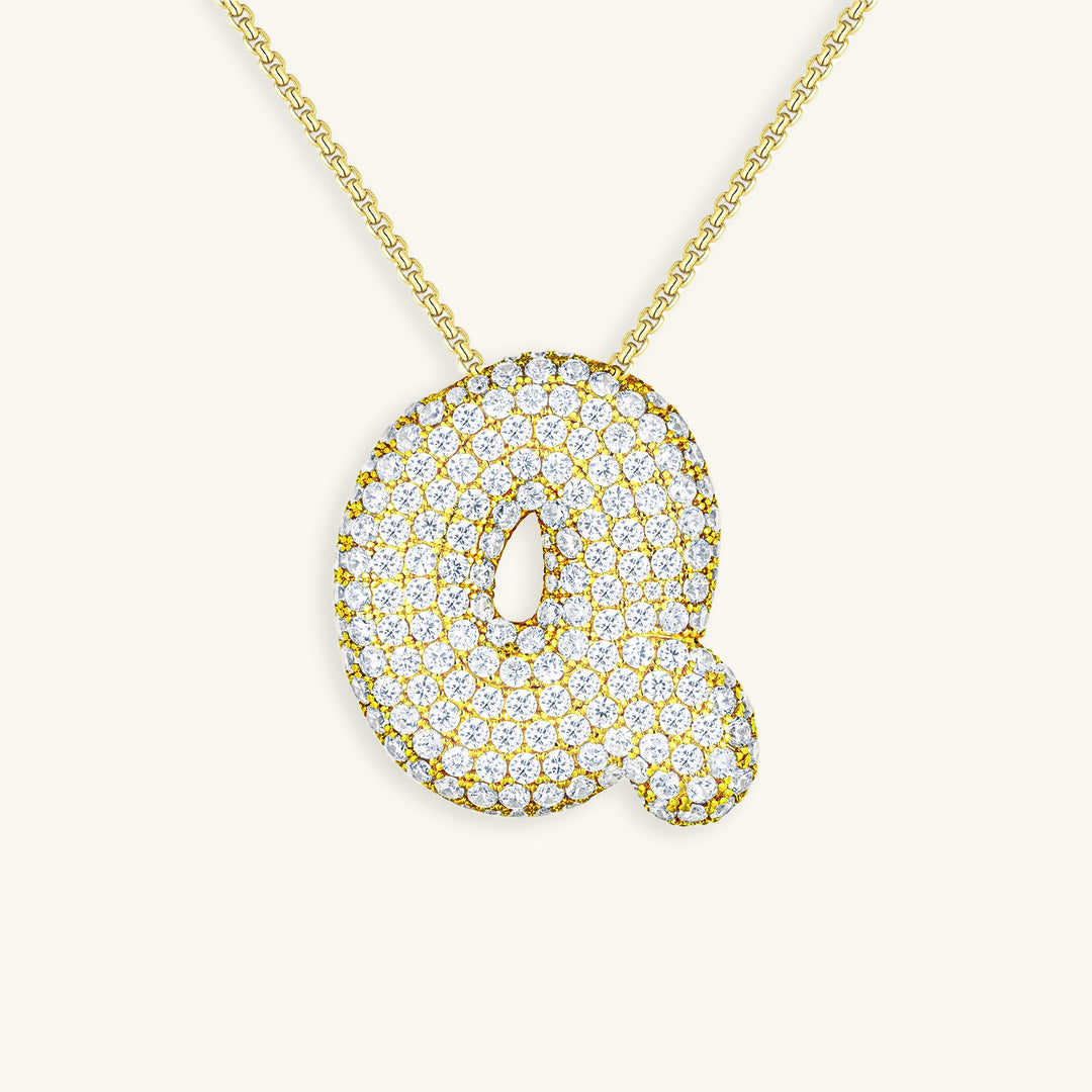 Diamond Patterned Luna Bubble Initial Necklace - Personalized Mother's Day Gift