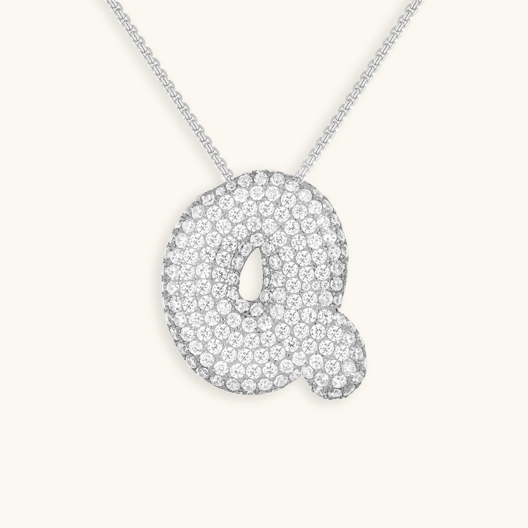Diamond Patterned Luna Bubble Initial Necklace - Personalized Mother's Day Gift