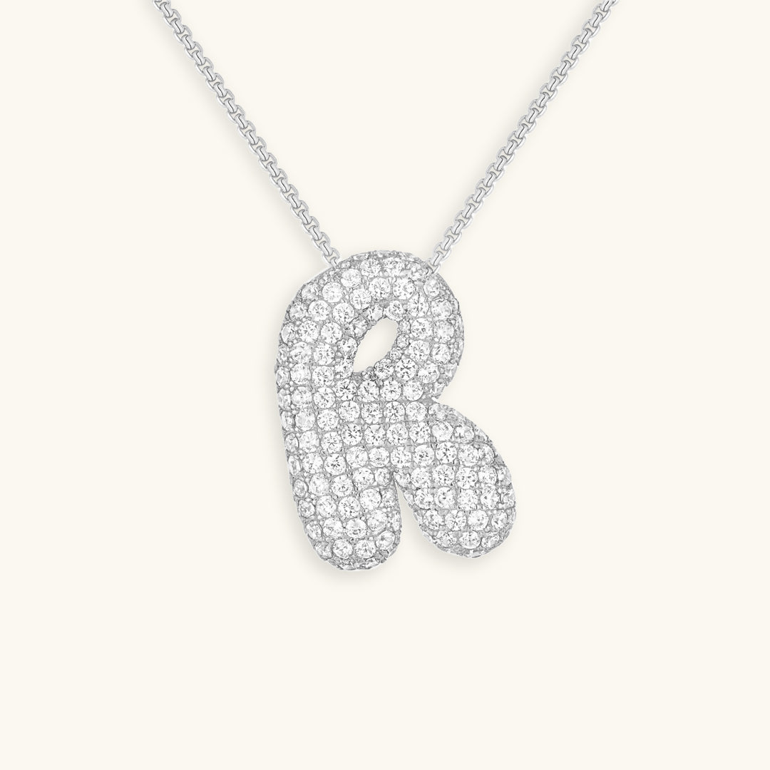 Diamond Patterned Luna Bubble Initial Necklace - Personalized Mother's Day Gift