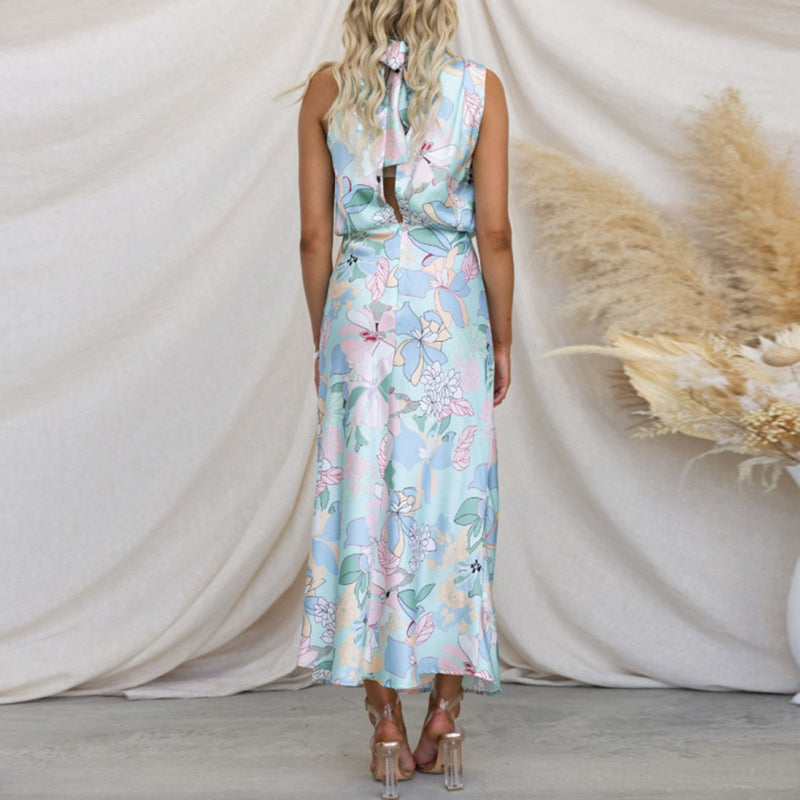 Sylvia - Elegant high neck sleeveless floral maxi dress