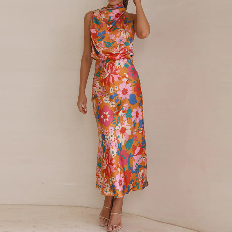 Sylvia - Elegant high neck sleeveless floral maxi dress