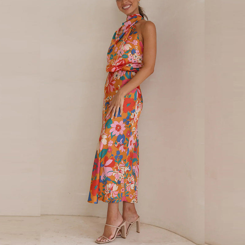 Sylvia - Elegant high neck sleeveless floral maxi dress