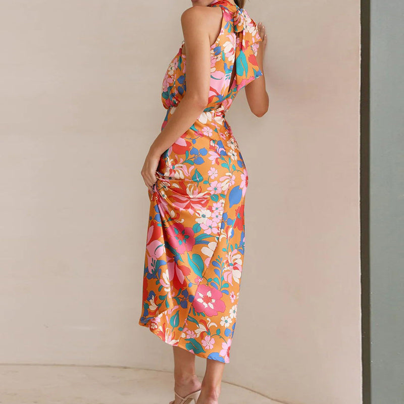 Sylvia - Elegant high neck sleeveless floral maxi dress