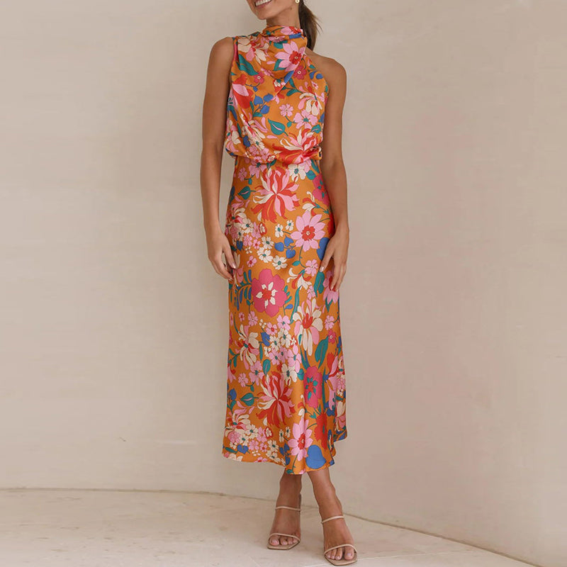 Sylvia - Elegant high neck sleeveless floral maxi dress