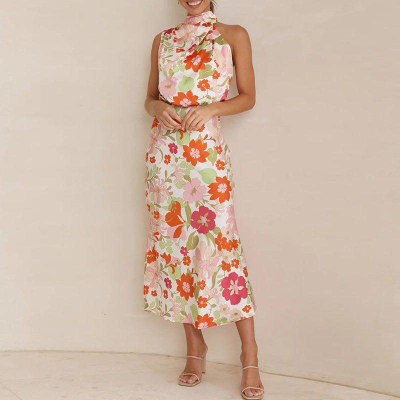 Sylvia - Elegant high neck sleeveless floral maxi dress