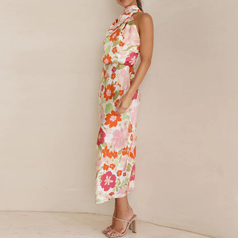 Sylvia - Elegant high neck sleeveless floral maxi dress