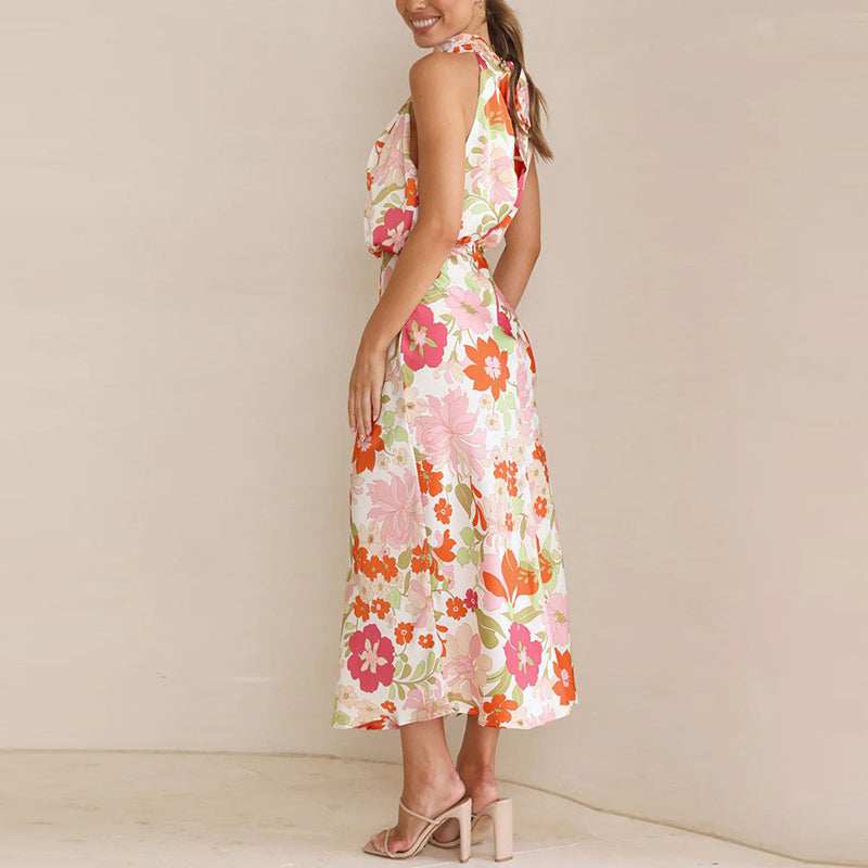 Sylvia - Elegant high neck sleeveless floral maxi dress