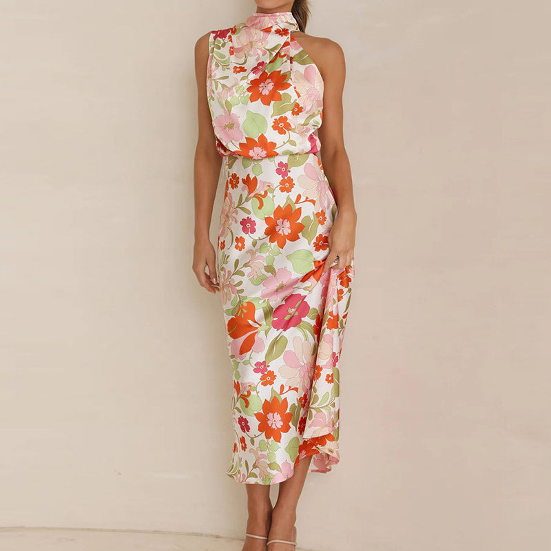 Sylvia - Elegant high neck sleeveless floral maxi dress