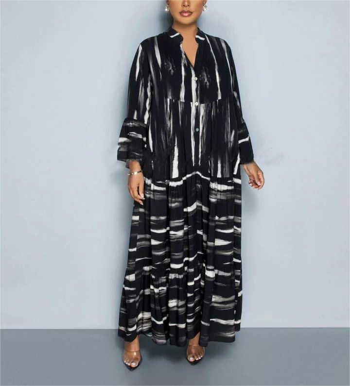Lillian - Casual Print Abaya Dress with Long Ruffle Sleeves