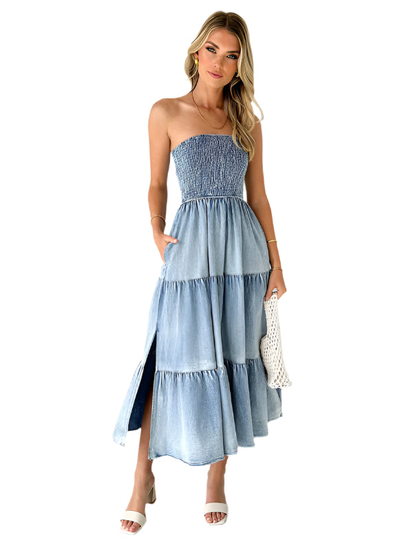 エヴェラ- ストラップレスデニムマキシドレス