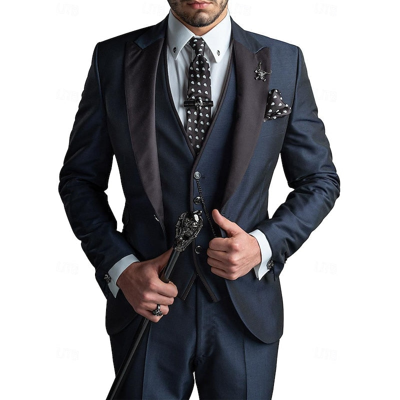 Men's 3-piece linen business suit: blazer, waistcoat, and pants