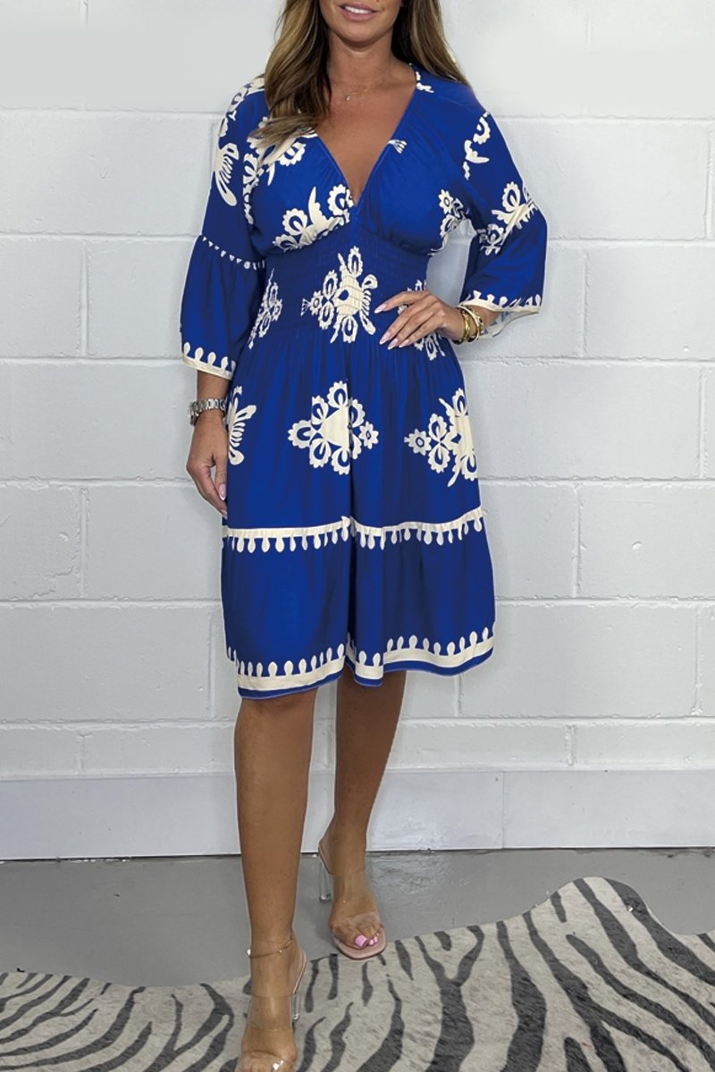 Grey - Printed V-neck midi dress