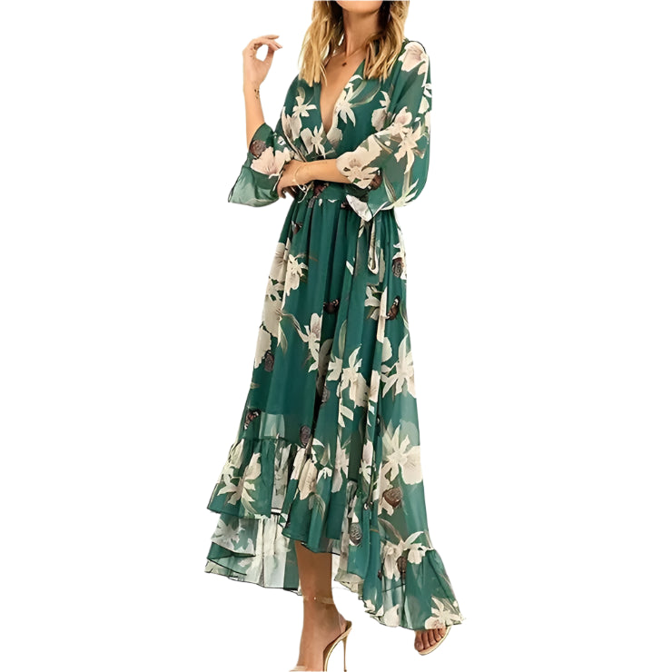 Astrid – Green 3/4 sleeve and V-neck maxi dress