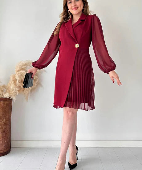 Amalia - Elegant Puff Sleeve Pleated Knee Length Dress