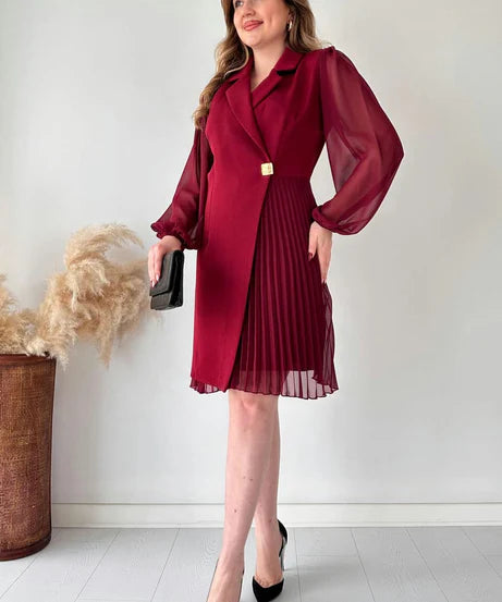 Amalia - Elegant Puff Sleeve Pleated Knee Length Dress