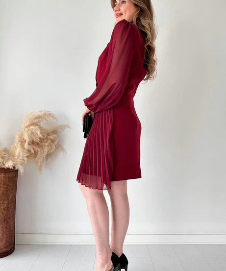 Amalia - Elegant Puff Sleeve Pleated Knee Length Dress