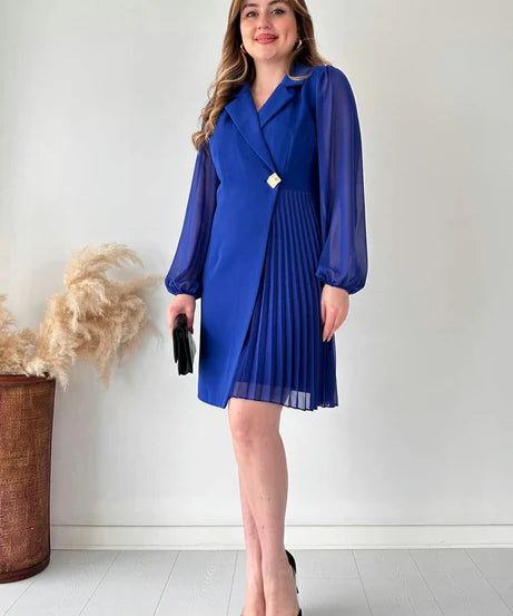 Amalia - Elegant Puff Sleeve Pleated Knee Length Dress