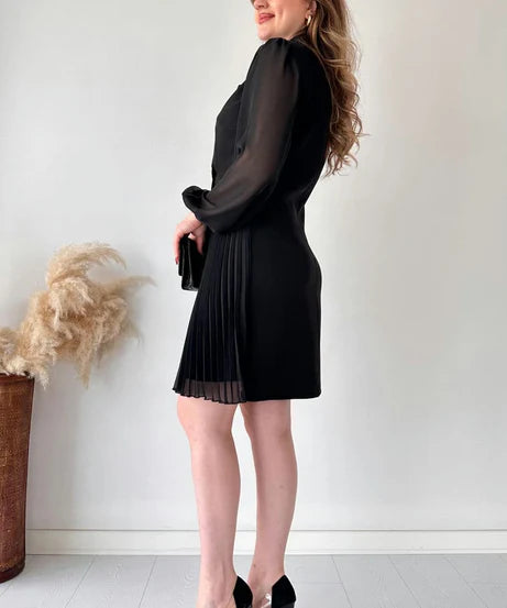 Amalia - Elegant Puff Sleeve Pleated Knee Length Dress