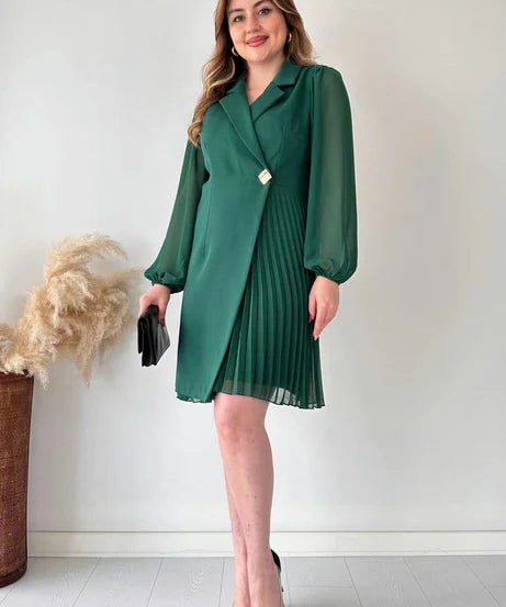 Amalia - Elegant Puff Sleeve Pleated Knee Length Dress