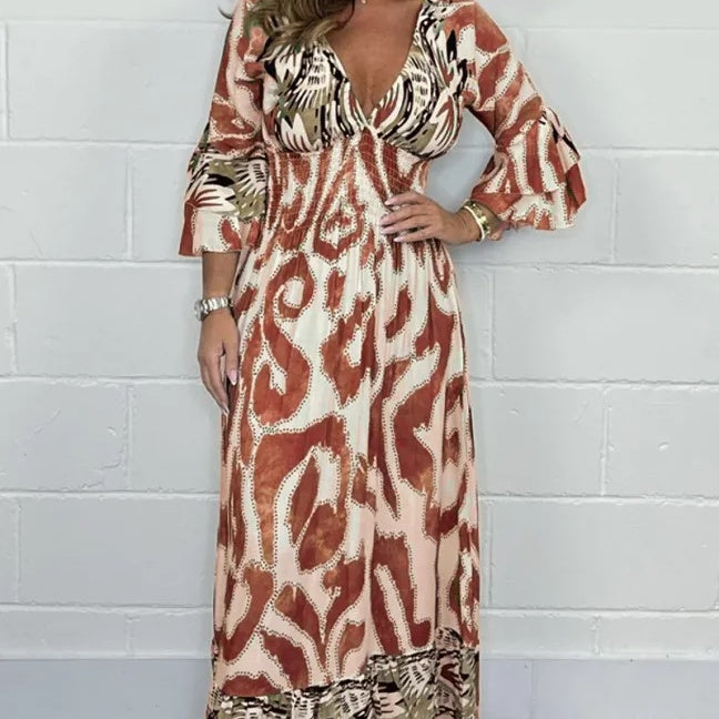 Grey – Deep V-neck long sleeve dress