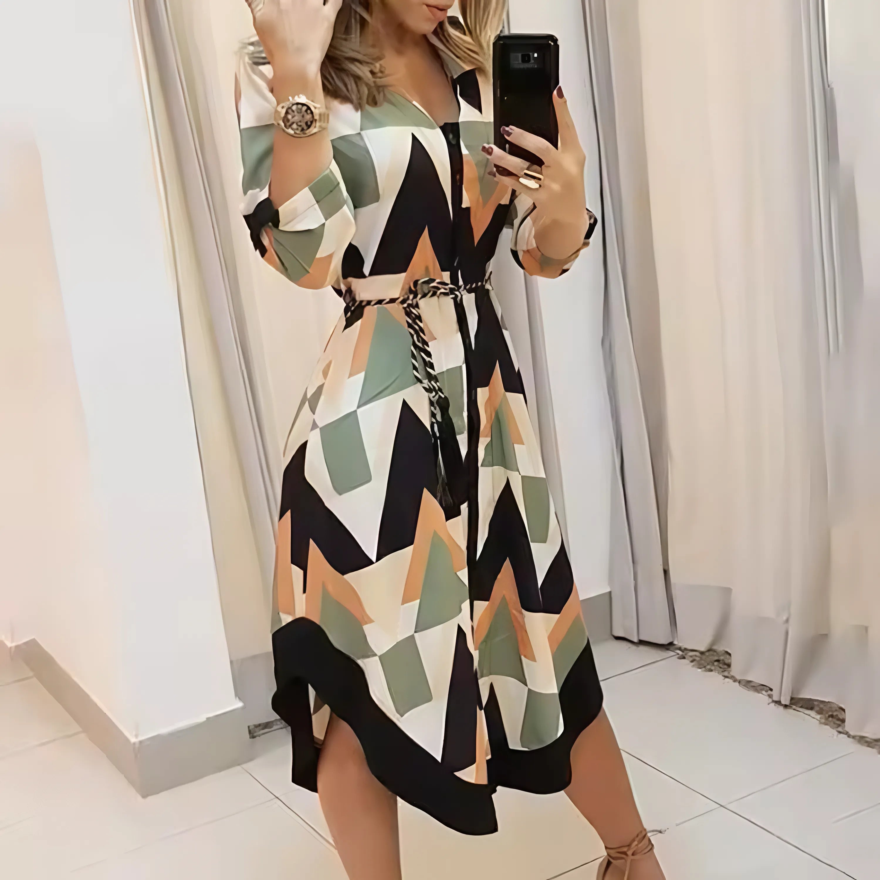 Shania - Wave Print Long Sleeve Dress